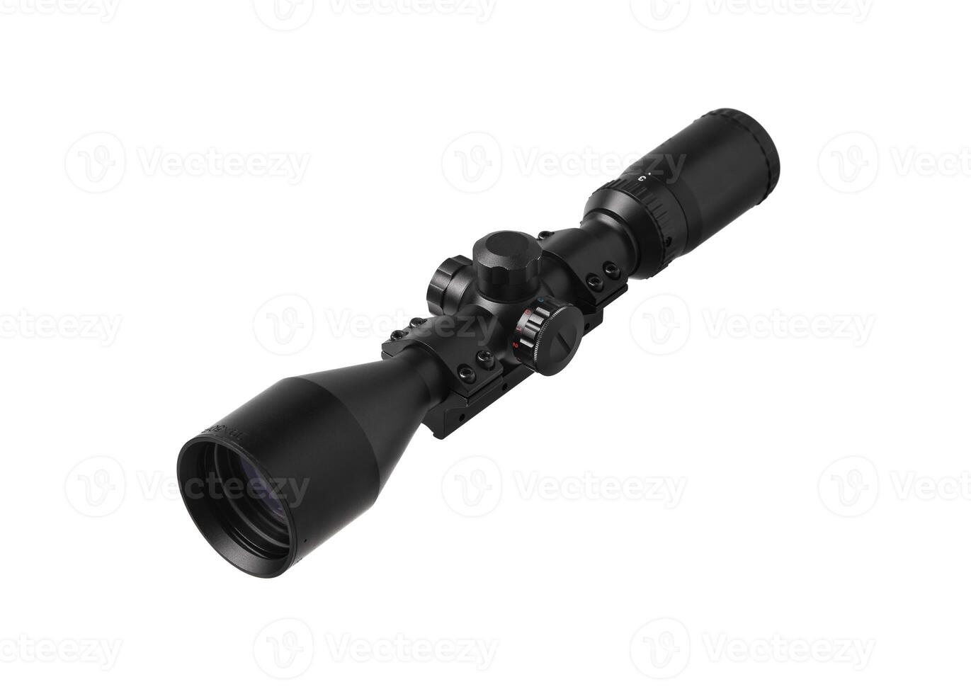 modern black optical scope for weapon isolated on whited. sight scope isolated on white back. photo