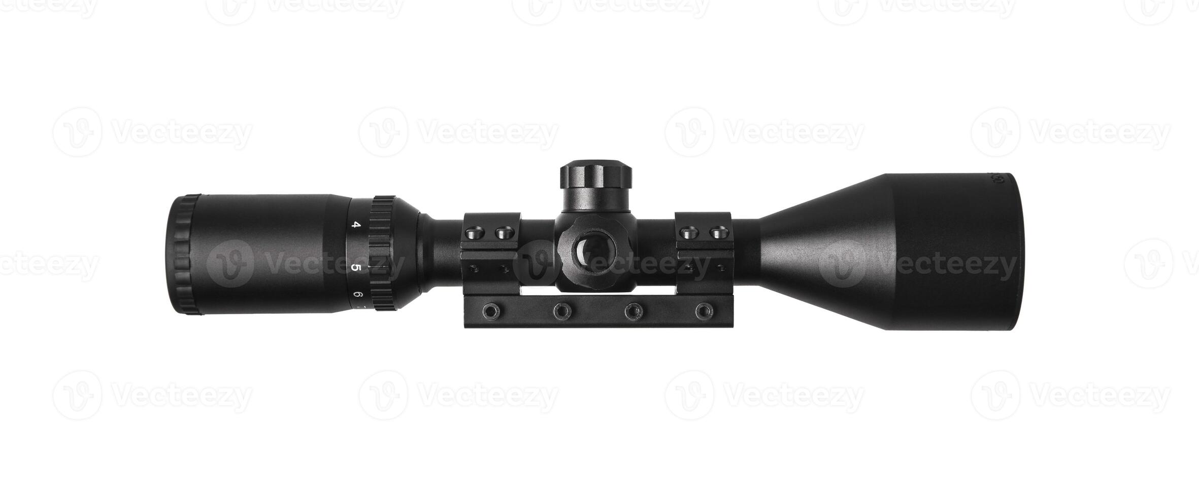 modern black optical scope for weapon isolated on whited. sight scope isolated on white back. photo