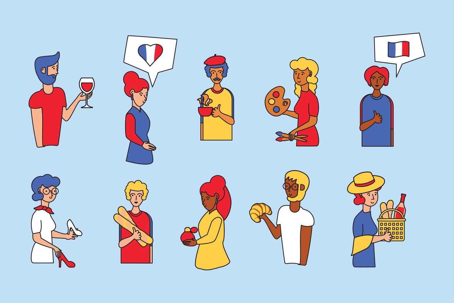 Traditional French lifestyle with characters, foodstuff, leisure and activity in an outline cartoon style vector