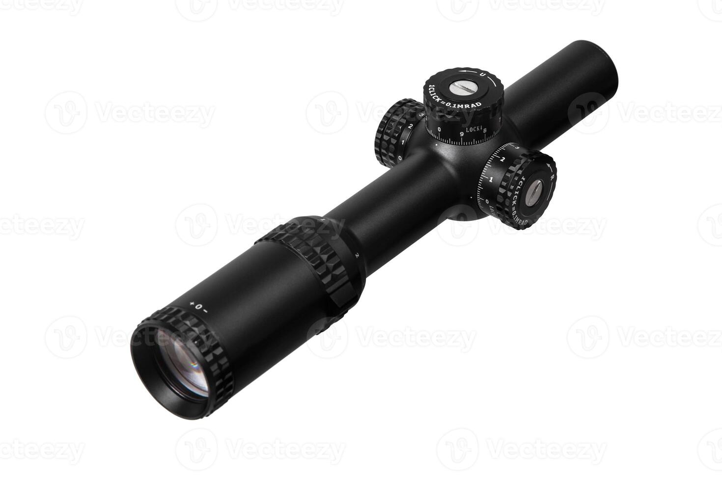 modern black optical scope for weapon isolated on whited. sight scope isolated on white back. photo