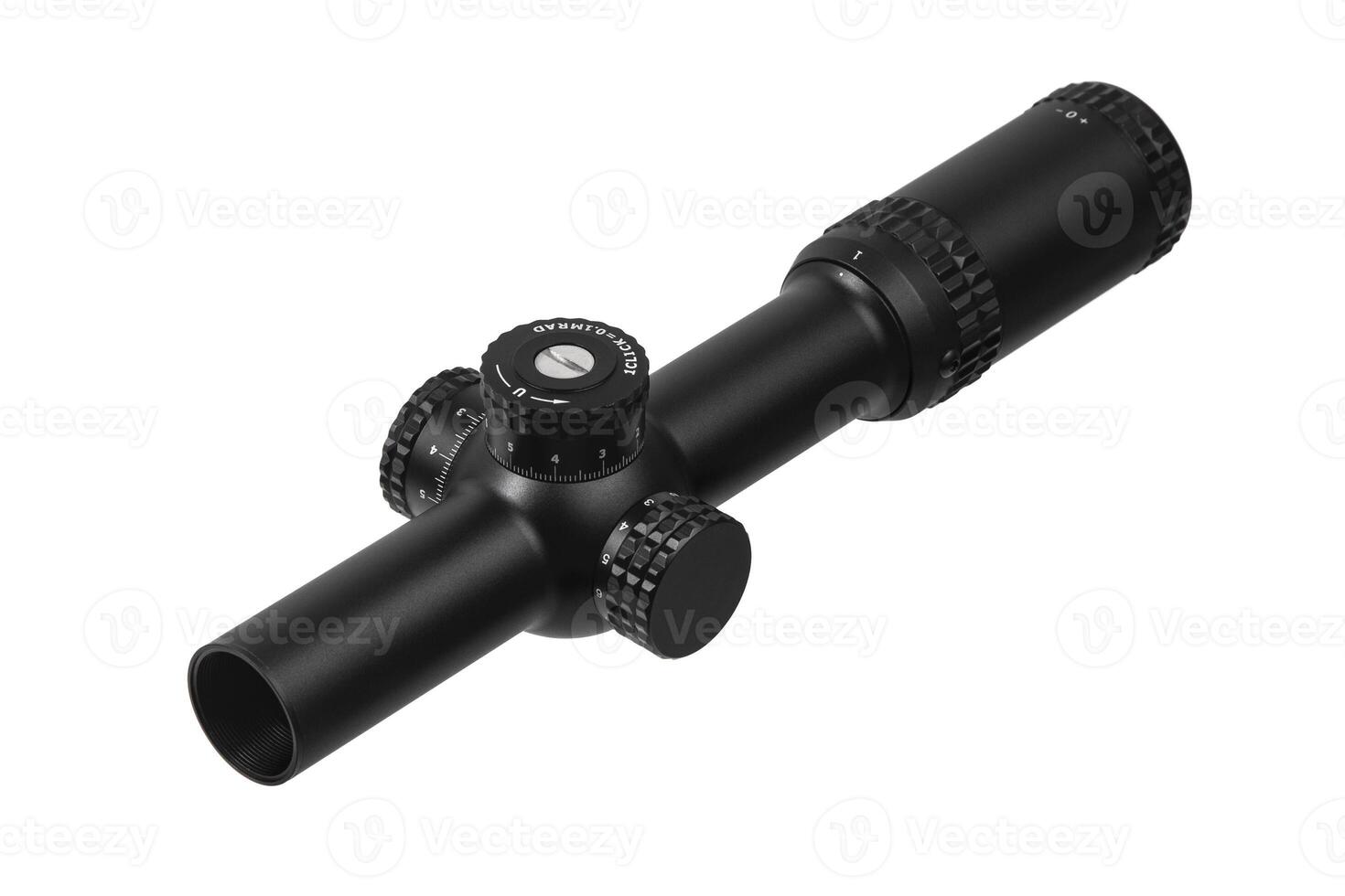 modern black optical scope for weapon isolated on whited. sight scope isolated on white back. photo