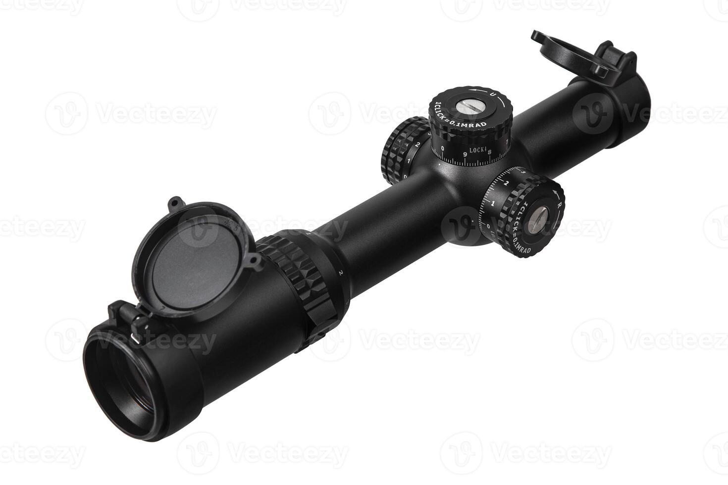 modern black optical scope for weapon isolated on whited. sight scope isolated on white back. photo