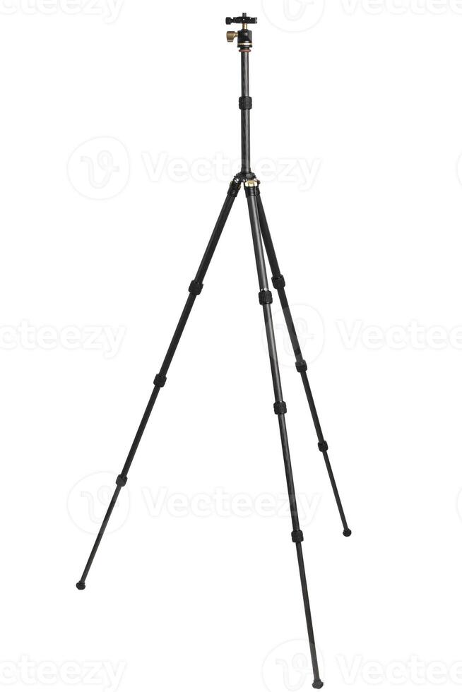 Small modern lightweight carbon tripod. Foldable tripod for photo and cameras. Isolate on a white back.