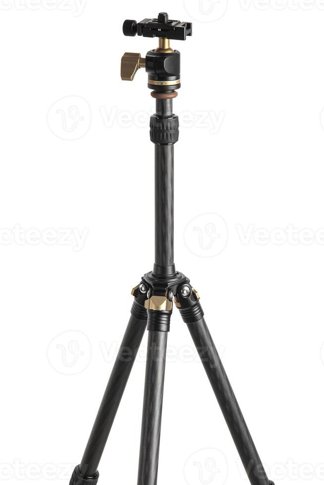 Small modern lightweight carbon tripod. Foldable tripod for photo and cameras. Isolate on a white back.