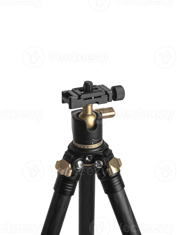 Small modern lightweight carbon tripod. Foldable tripod for photo and cameras. Isolate on a white back.
