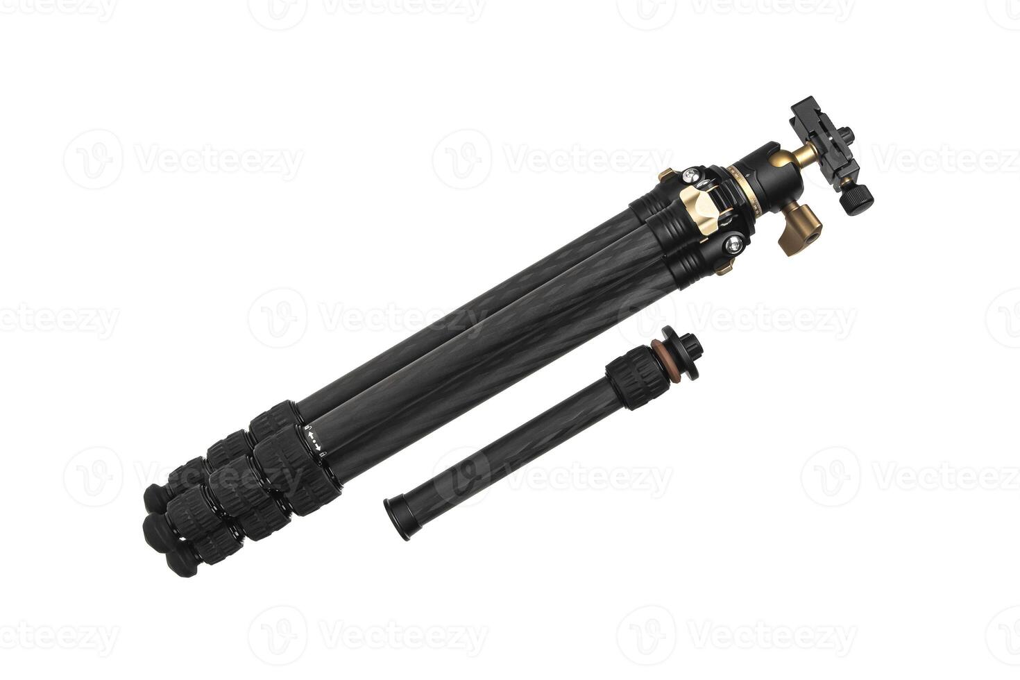 Small modern lightweight carbon tripod. Foldable tripod for photo and cameras. Isolate on a white back.