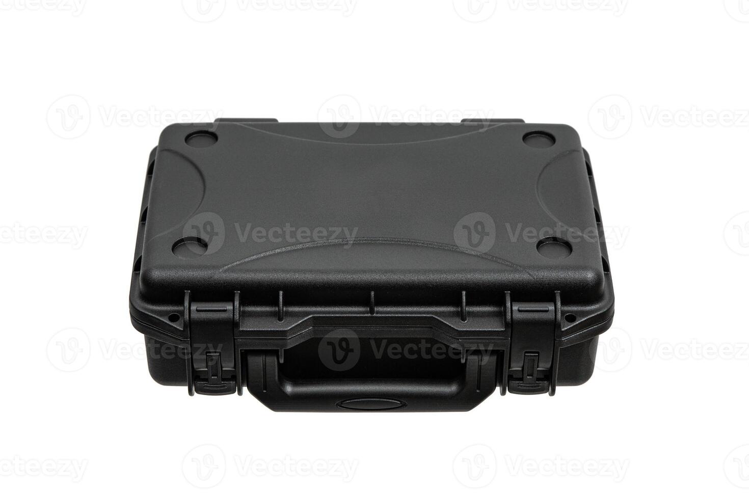 Black plastic container with foam inside for safe storage and transportation of fragile and expensive items. Sturdy plastic case. Isolate on a white back. photo