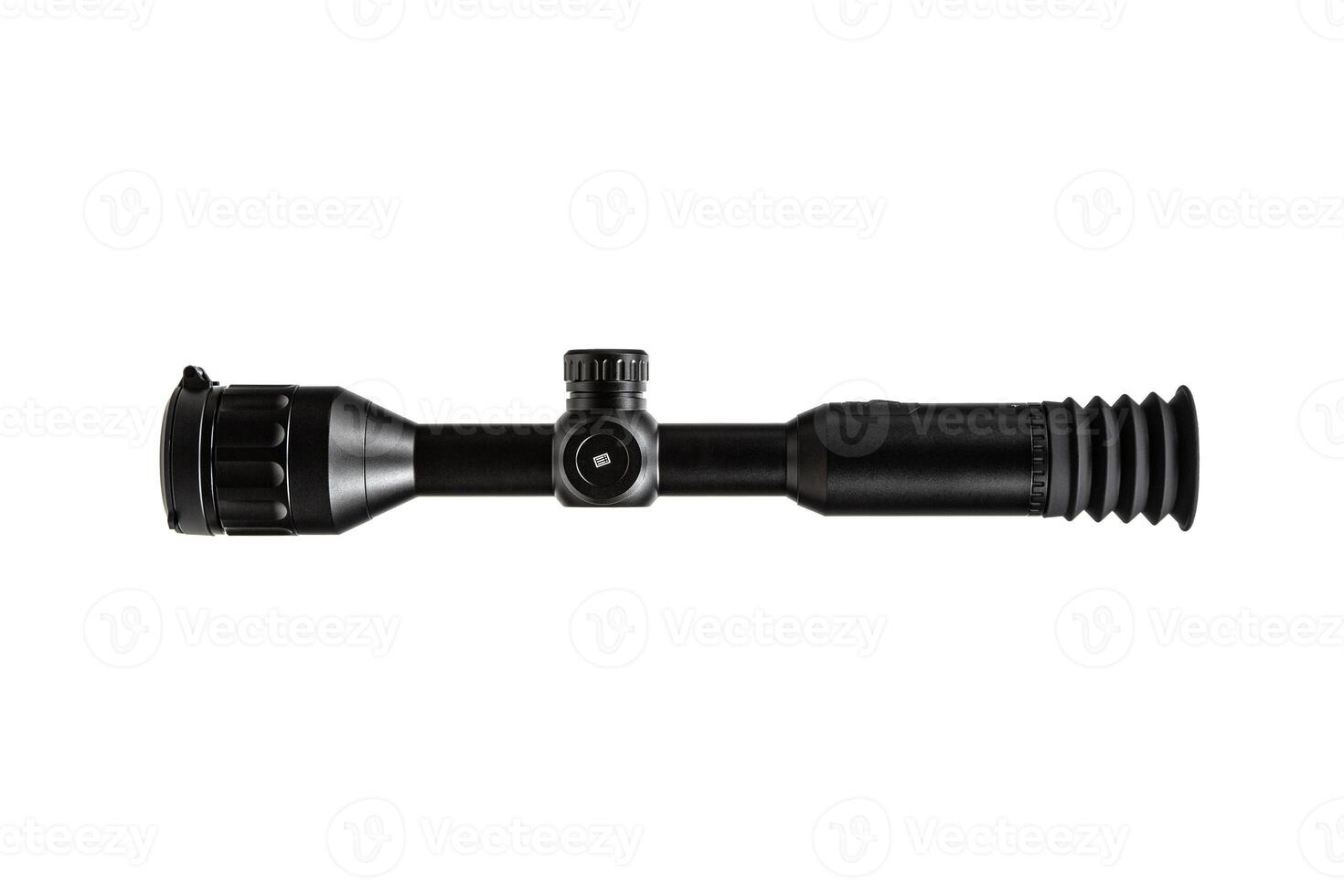 Modern sniper scope on a white background. Optical device for aiming and shooting at long distances. Sight with built-in thermal imager. Isolate on a white back photo