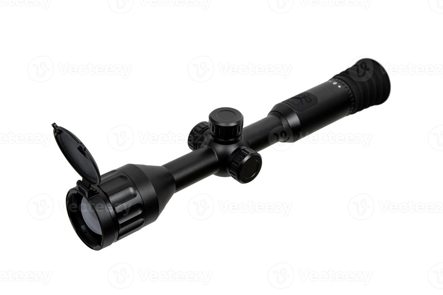 Modern sniper scope on a white background. Optical device for aiming and shooting at long distances. Sight with built-in thermal imager. Isolate on a white back photo