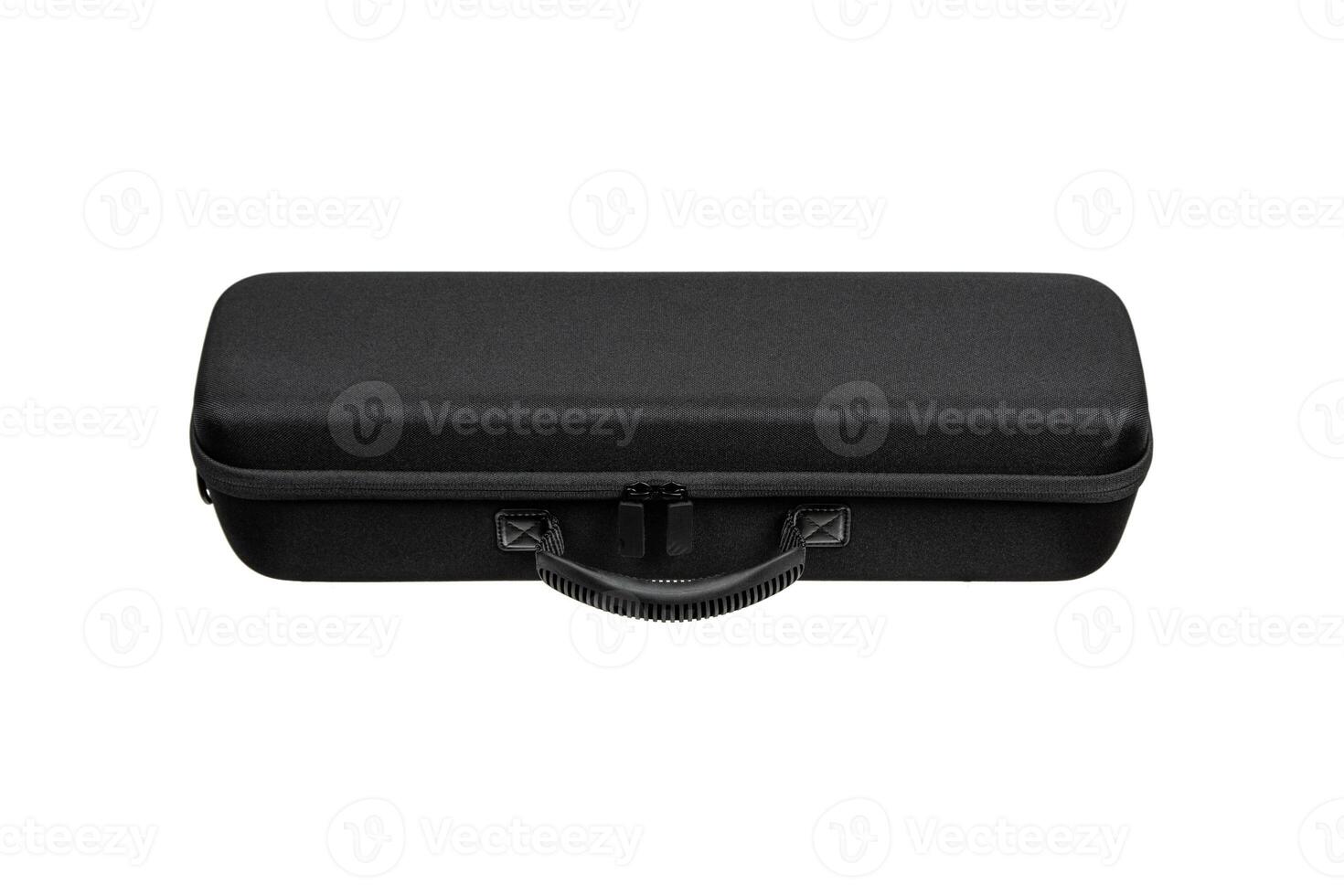 Hard black case with zipper. Case with nice fabric texture and carrying handle. Isolate on white back photo