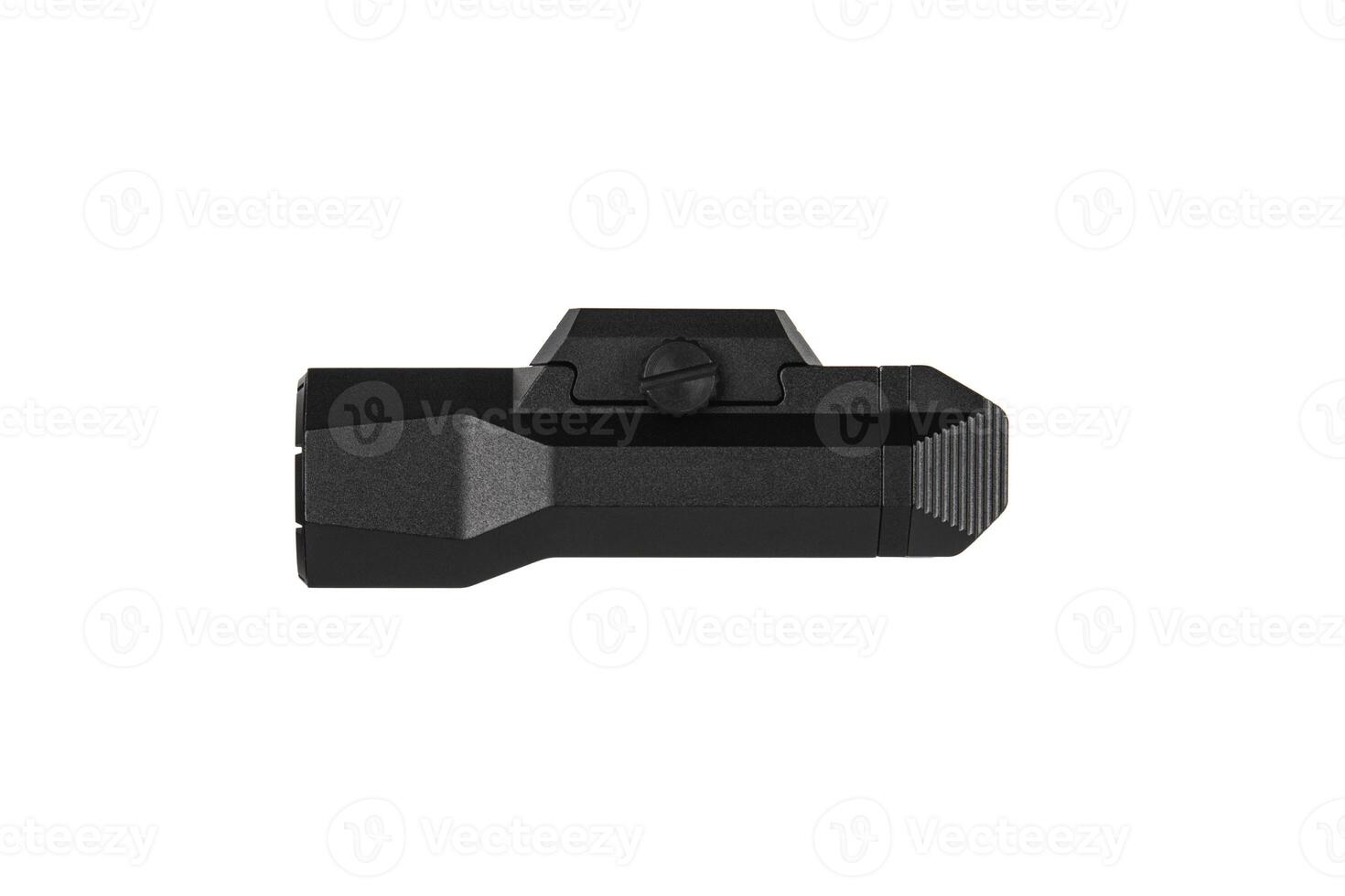 Modern LED flashlight with weapon mount. Underbarrel tactical flashlight isolate on white back. photo