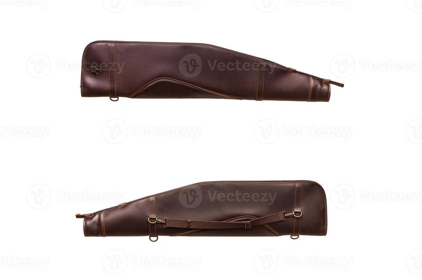 Brown leather case for weapons isolate on a white background. Luxury chesol for storage and transportation of hunting rifles. photo