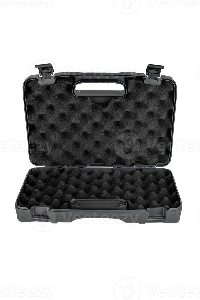Black plastic container with foam inside for safe storage and transportation of fragile and expensive items. Sturdy plastic case. Isolate on a white back. photo