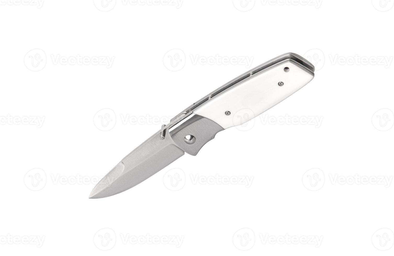 Pocket folding knife isolate on white back. Compact metal sharp knife with a folding blade. photo