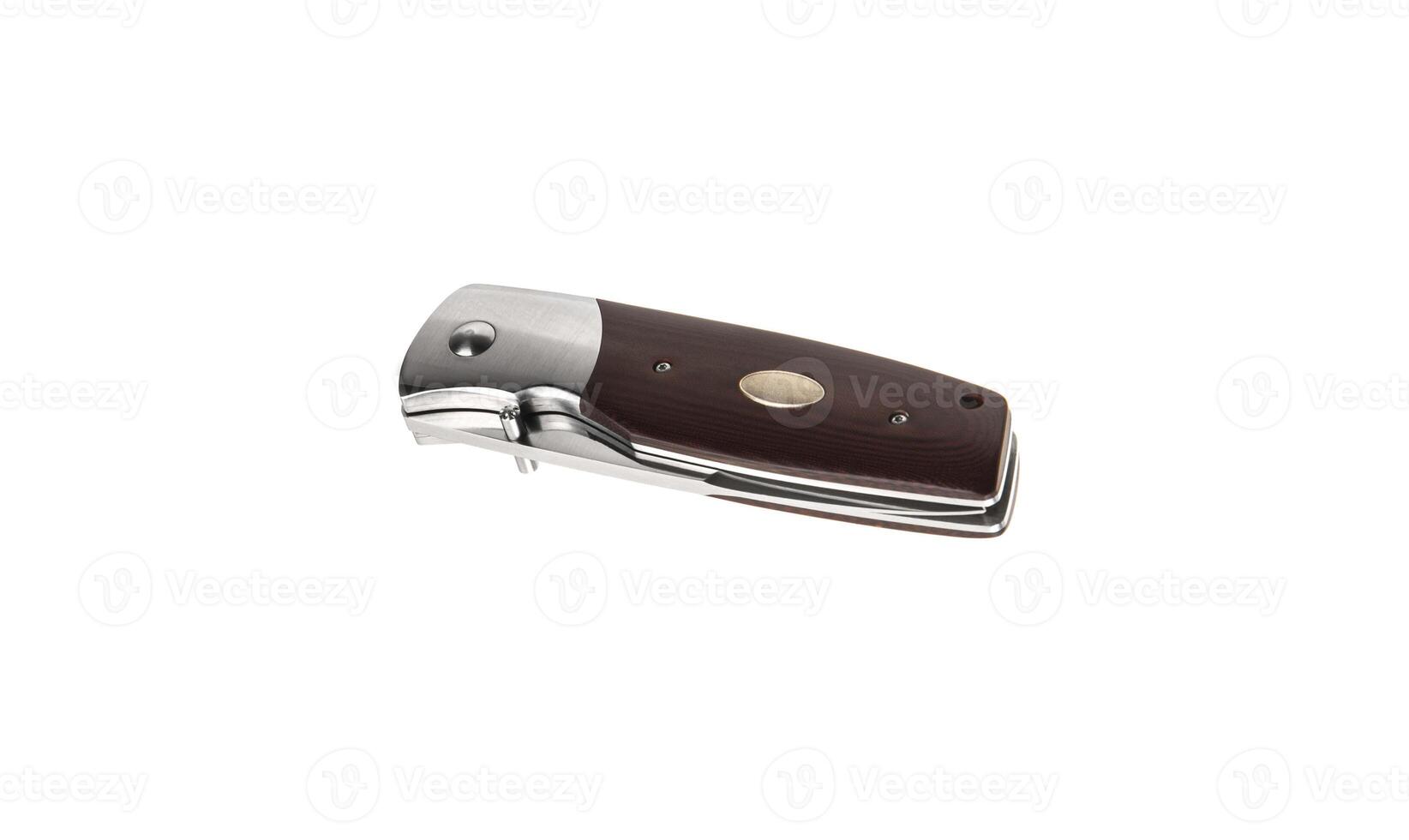 Pocket knife with wooden handle. Folding knife with metal clip. Jackknife. Isolate on a white back. photo
