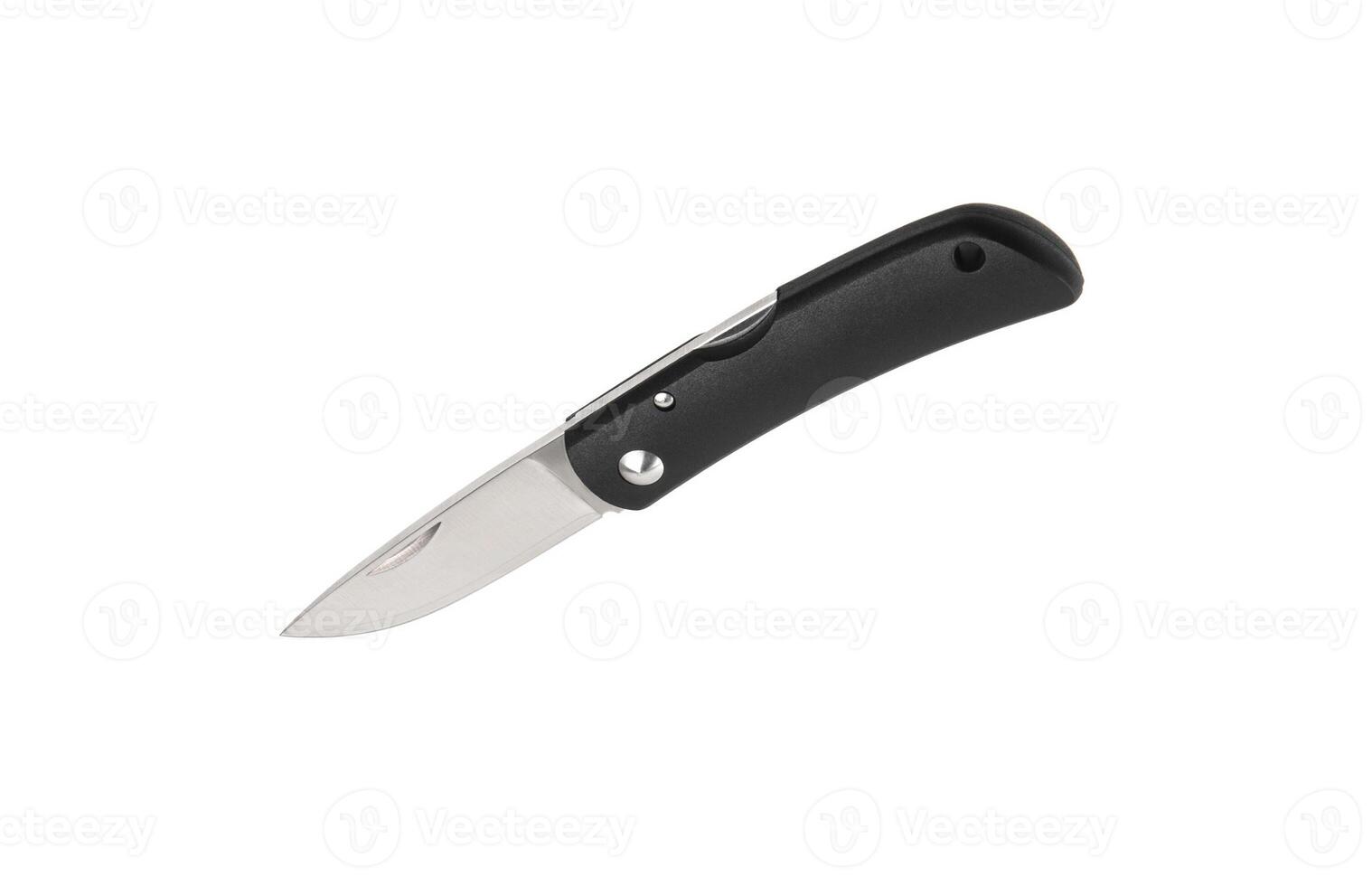 Pocket folding knife isolate on white back. Compact metal sharp knife with a folding blade. photo