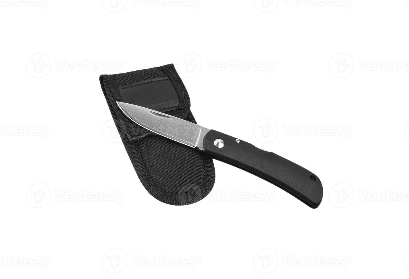 Pocket folding knife isolate on white back. Compact metal sharp knife with a folding blade. photo