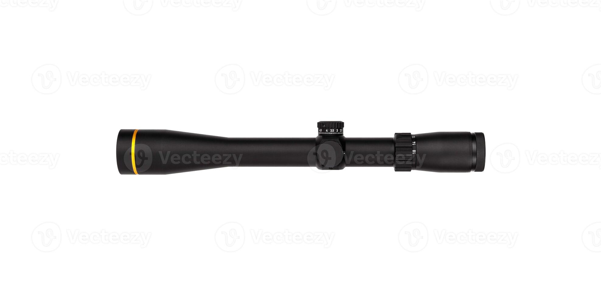 Modern sniper scope on a white back. Optical device for aiming and shooting at long distances. photo