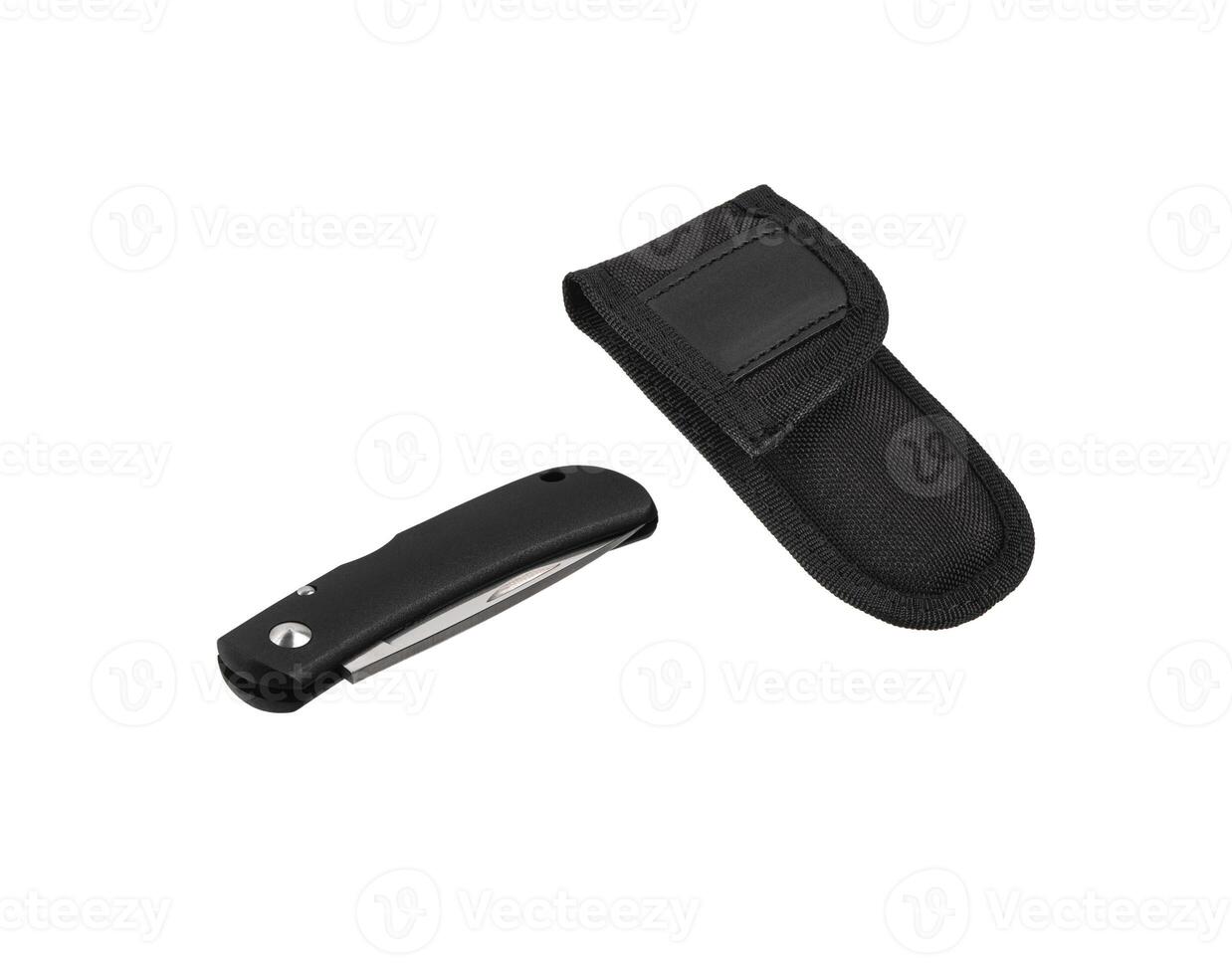 Pocket folding knife isolate on white back. Compact metal sharp knife with a folding blade. photo
