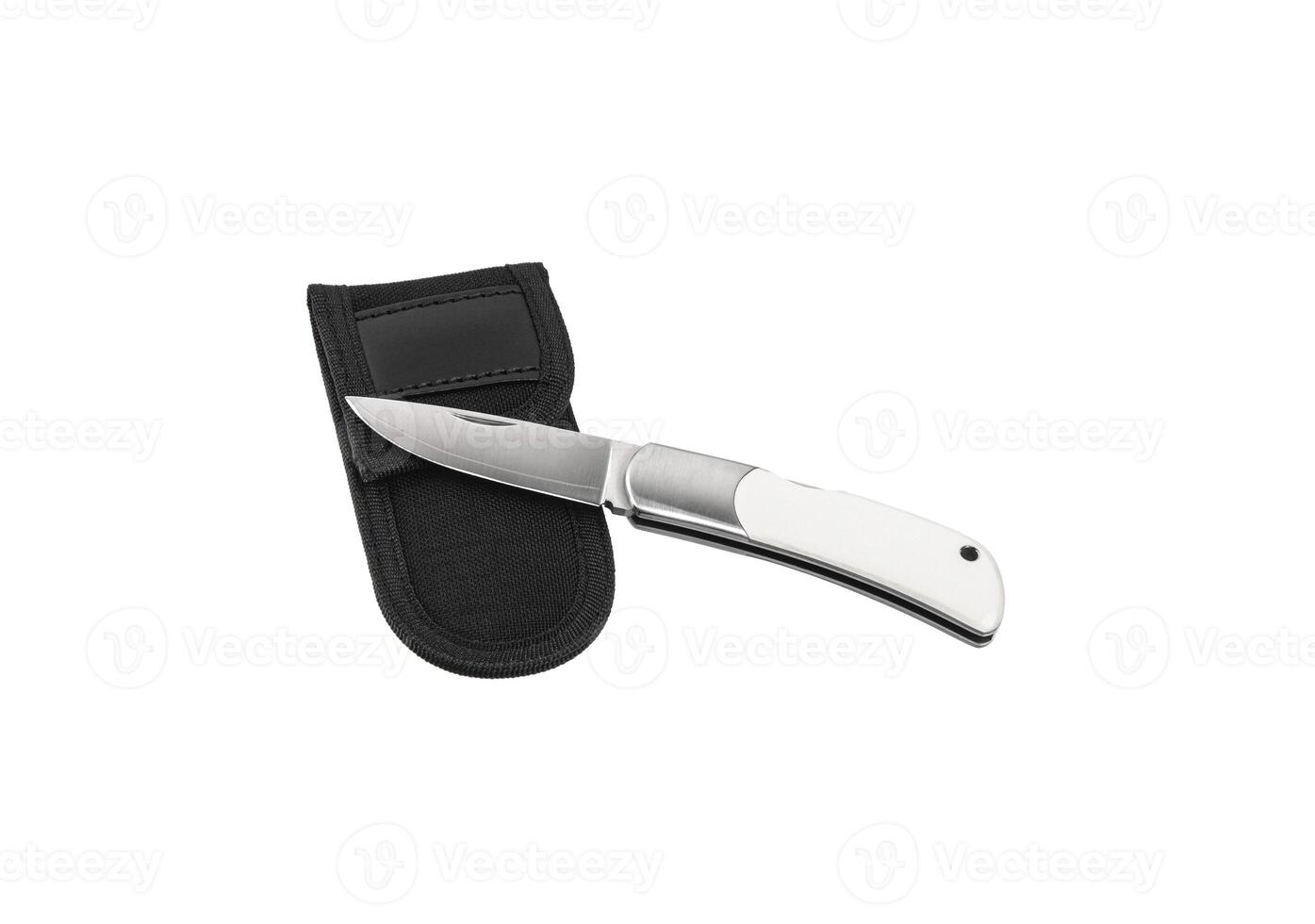 Folding knife with white ivory handle. Luxury pocket knife. Isolate on a white back. photo