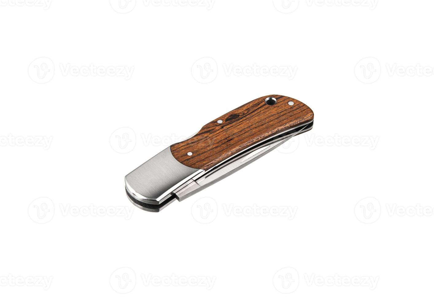 Compact metal sharp knife with a folding blade. Pocket folding knife with wooden handle isolate on white back photo