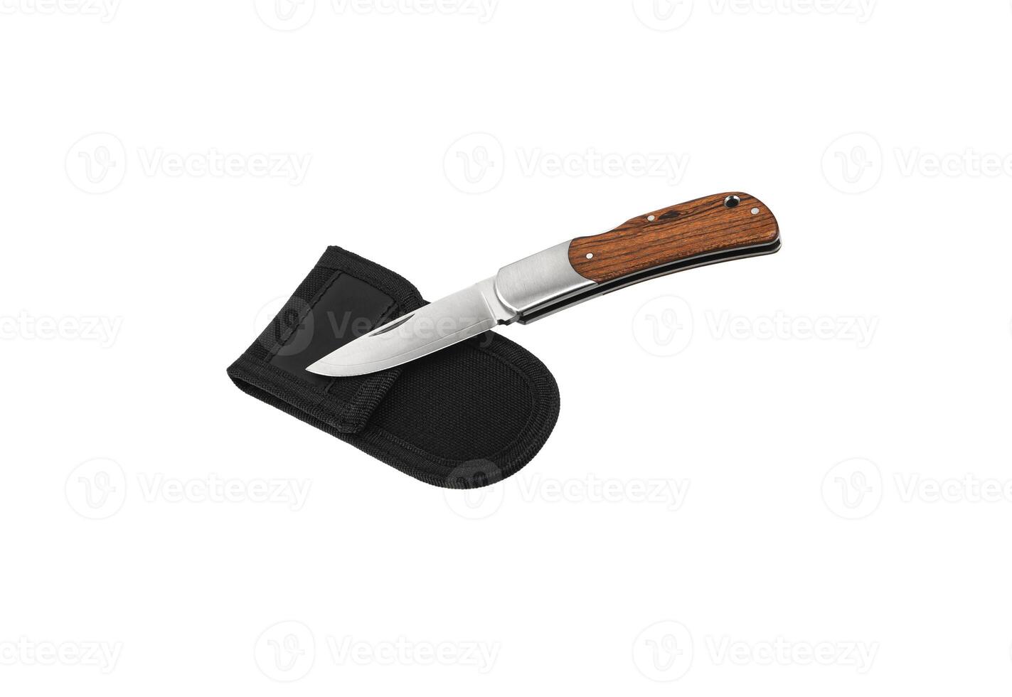 Compact metal sharp knife with a folding blade. Pocket folding knife with wooden handle isolate on white back photo