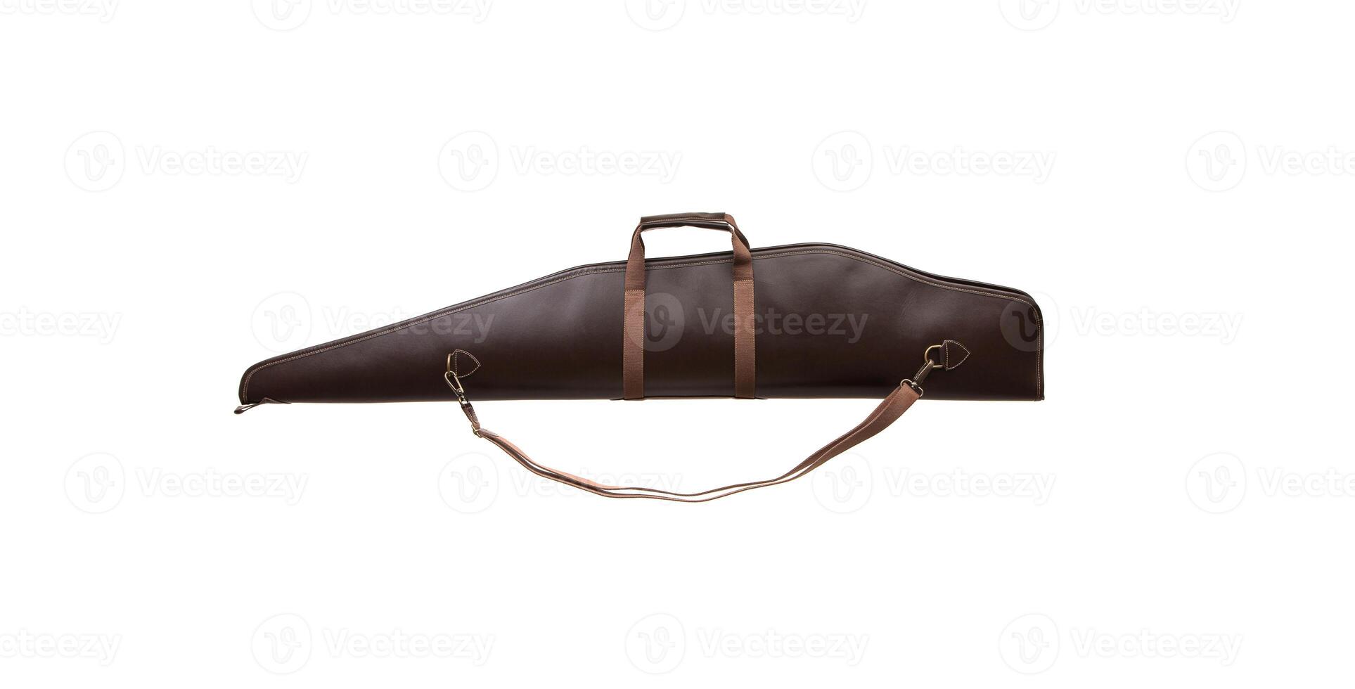 Luxury case for a gun. Leather zip case with metal buckles for the shotgun. Isolate on a white back photo