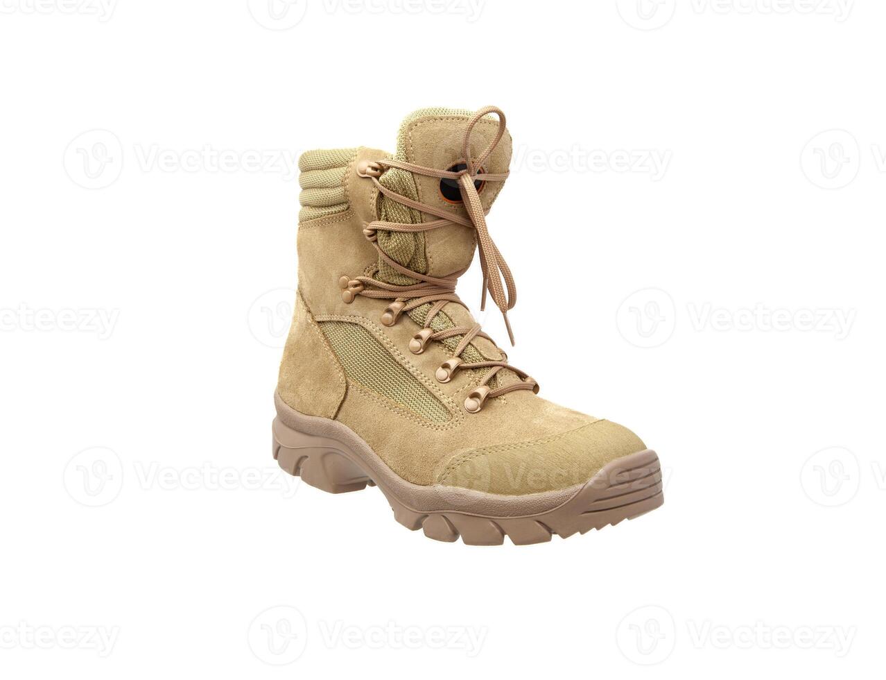 Modern army combat boots. New desert beige shoes. Isolate on a white back. photo