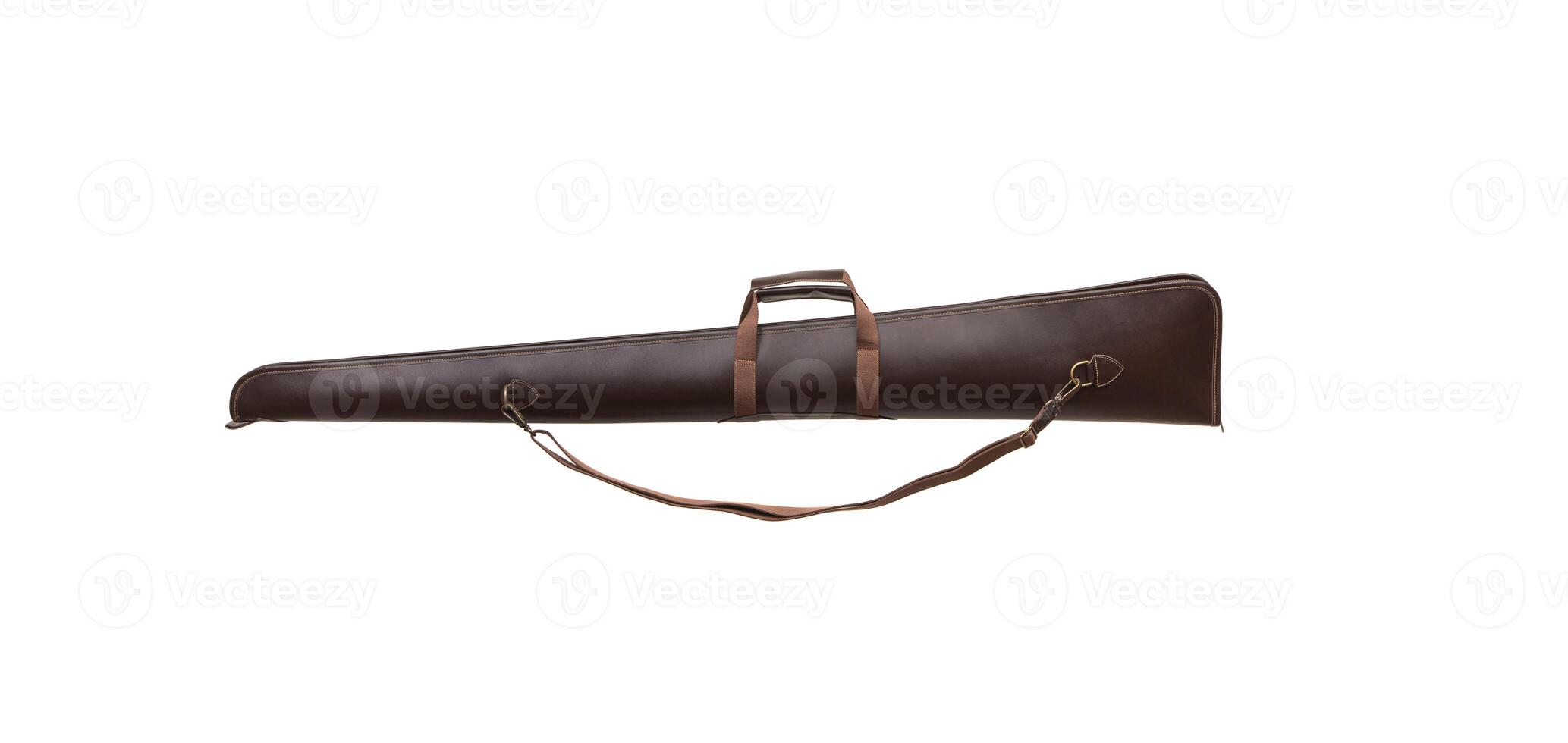 Luxury case for a gun. Leather zip case with metal buckles for the shotgun. Isolate on a white back photo