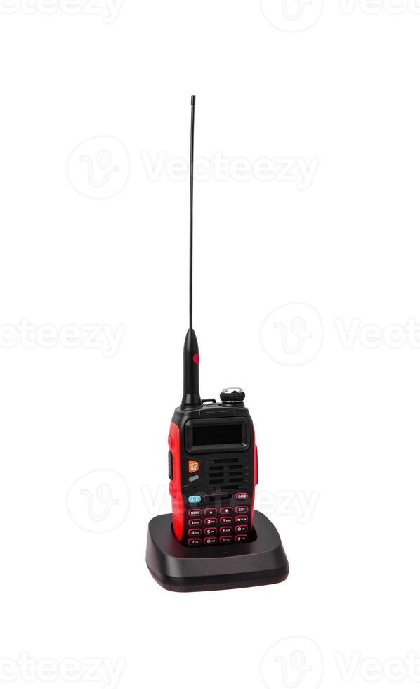 Walkie-talkie isolated on white background. Modern walkie-talkie for communication and conversation at a distance. photo