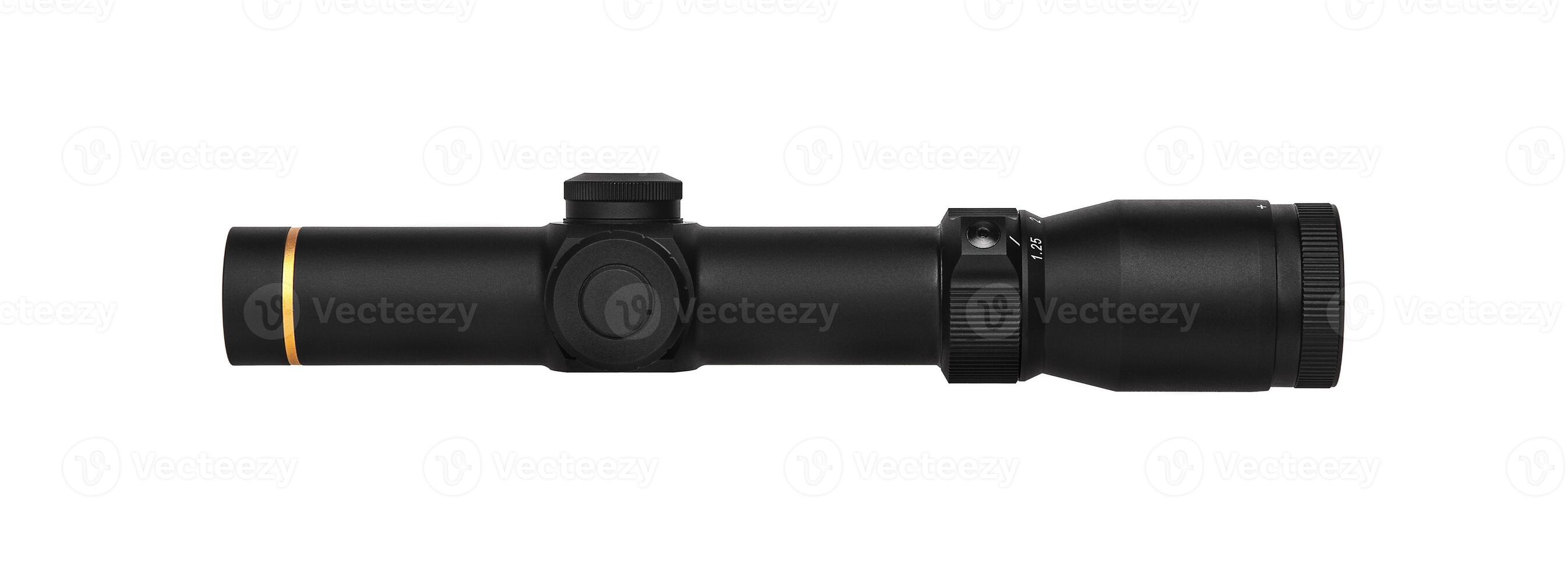 modern black optical scope for weapon isolated on whited. sight scope isolated on white back. photo