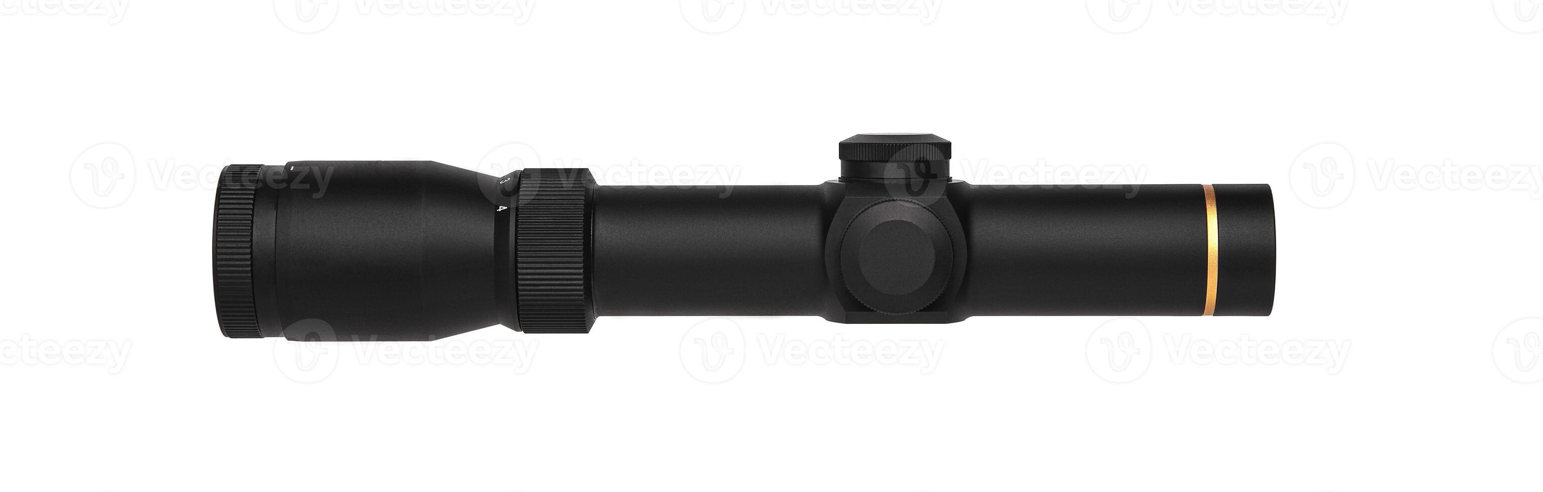 modern black optical scope for weapon isolated on whited. sight scope isolated on white back. photo