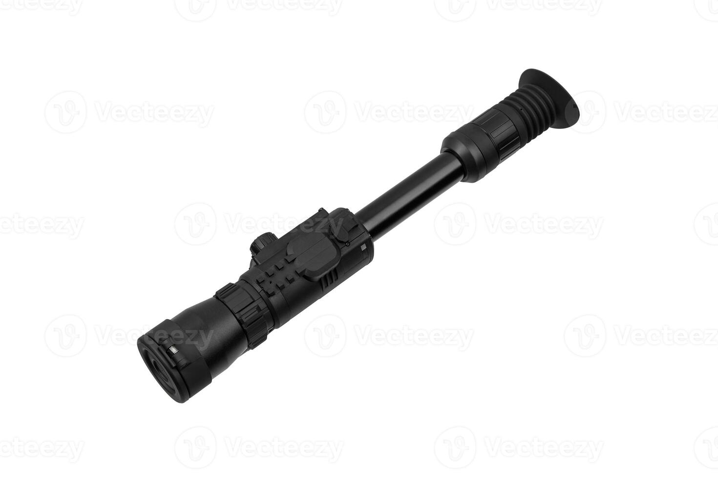 modern black optical scope for weapon isolated on whited. sight scope isolated on white back. photo