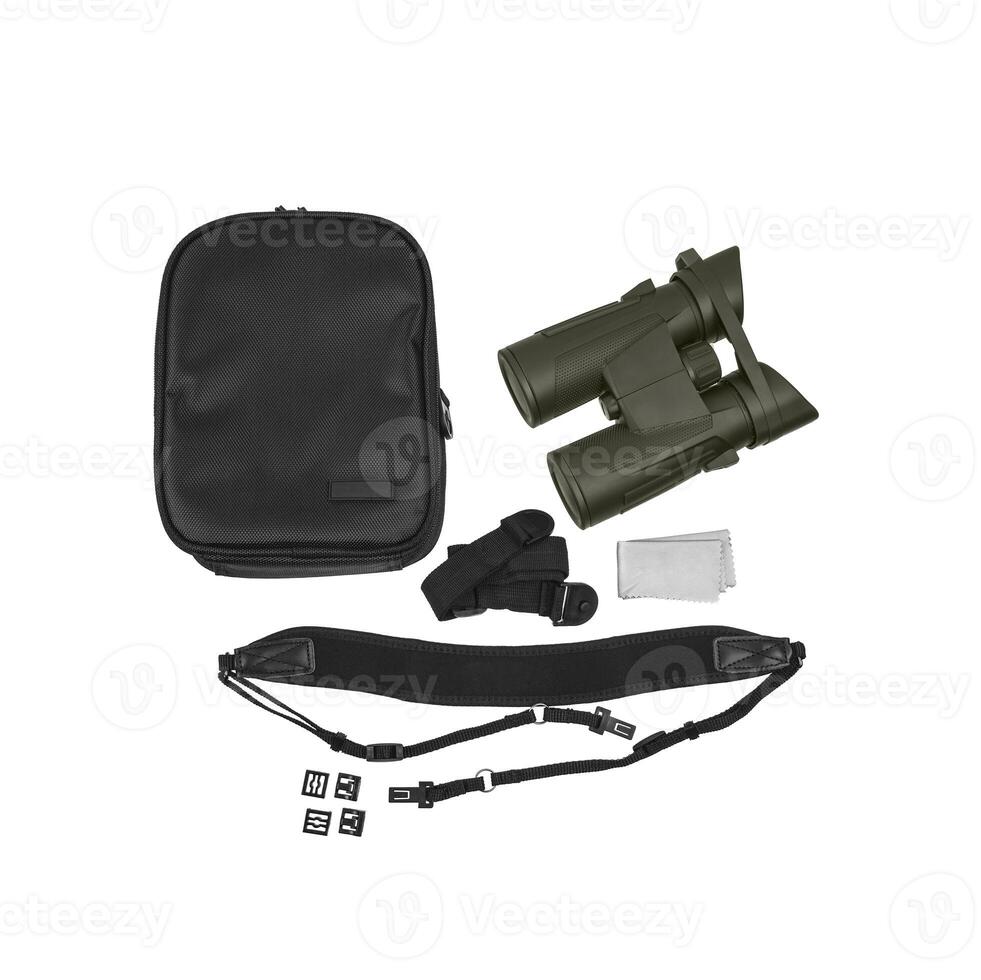 Modern binoculars isolate on white back. Surveillance device. Device for viewing at a distance. photo