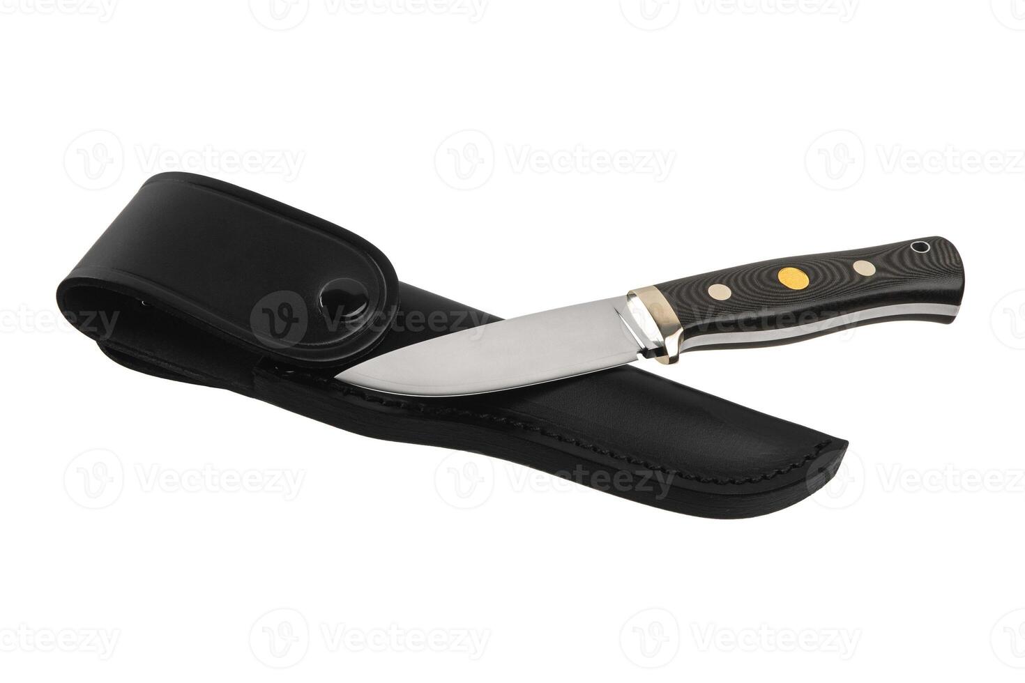 Modern hunting knife with silver blade and rubber handle. Steel arms. Isolate on a white back photo
