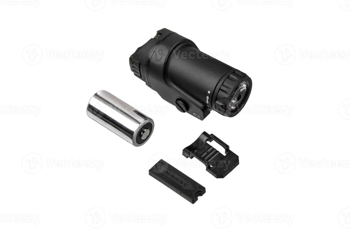 Modern LED flashlight with weapon mount. Underbarrel tactical flashlight isolate on white back. photo