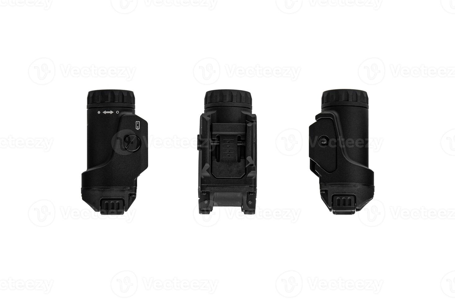 Modern LED flashlight with weapon mount. Underbarrel tactical flashlight isolate on white back. photo