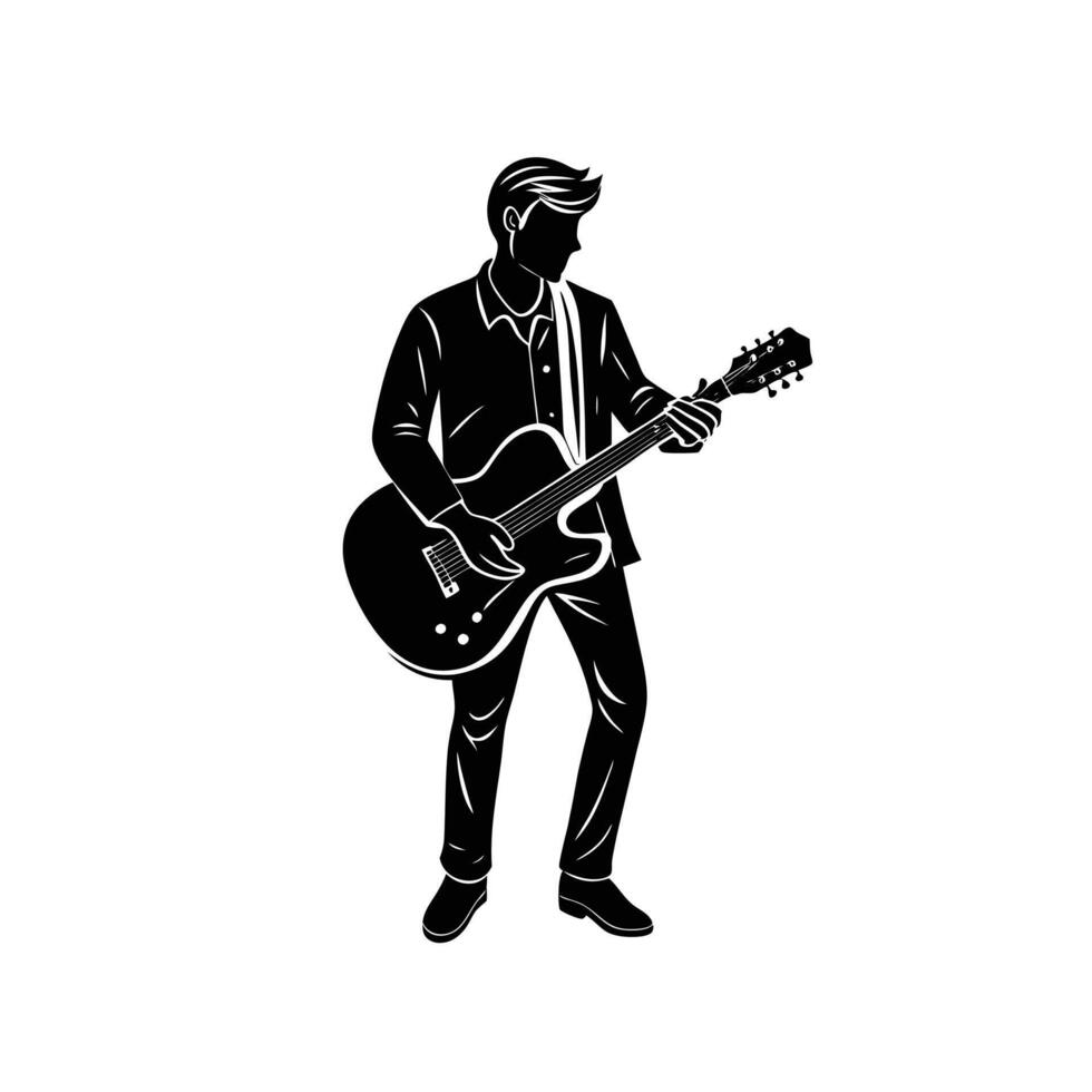 Singer man using guitar logo icon silhouette design isolated vector