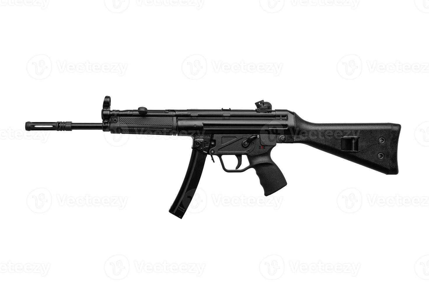 Submachine gun mp5. Small rifled automatic weapon caliber 9mm. Armament of the police and special forces. Isolate on a white back. photo
