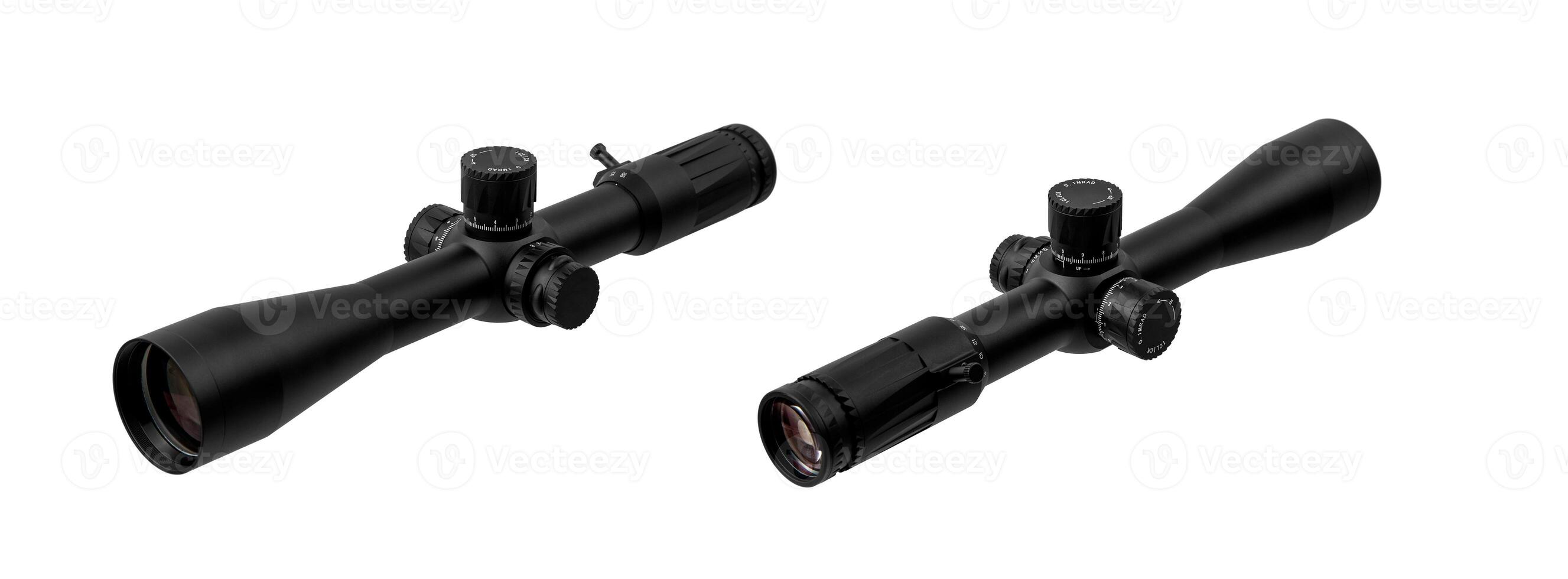 Modern sniper scope on a white background. Optical device for aiming and shooting at long distances. photo