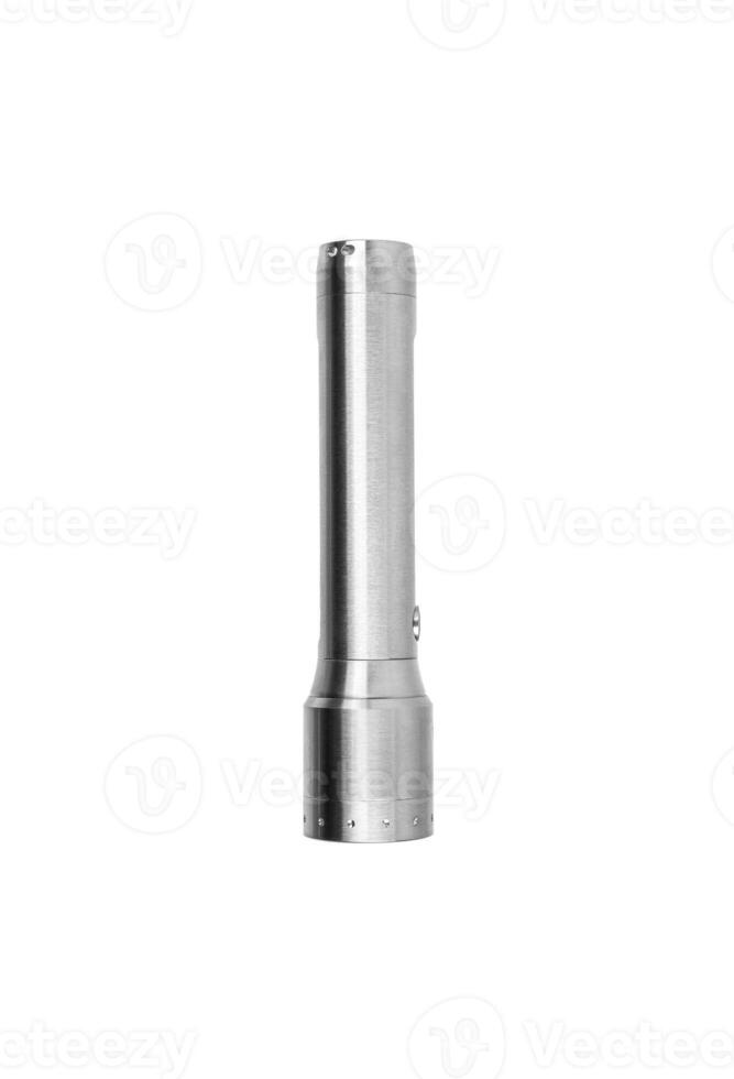 Modern silver metal LED flashlight. Pocket portable rechargeable lighting device. Isolate on a white back photo