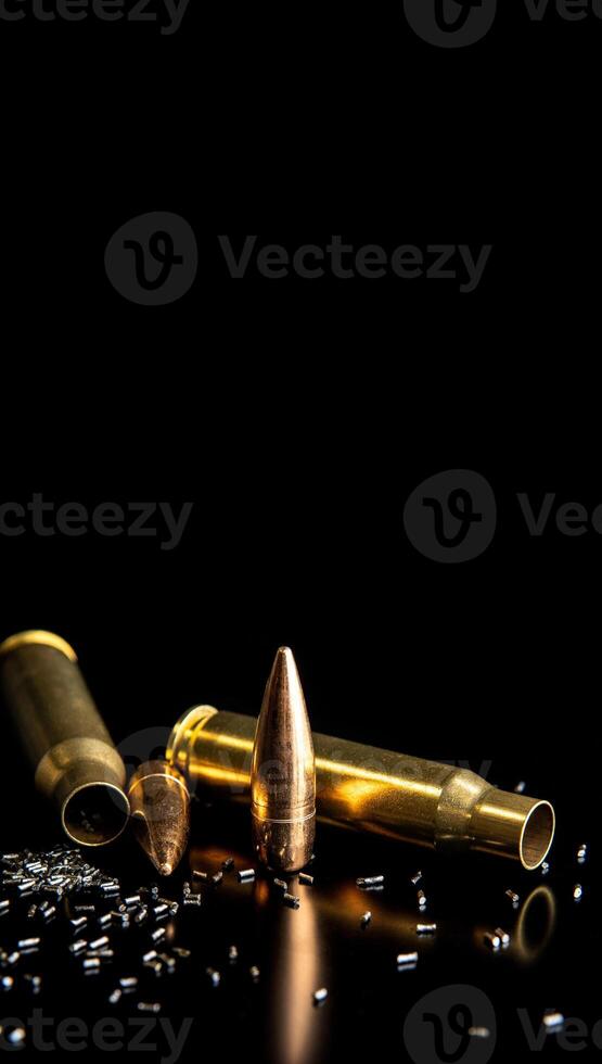 Close-up of disassembled rifle cartridges. Bullet isolated on black background with reflexion. Granulated gunpowder. photo