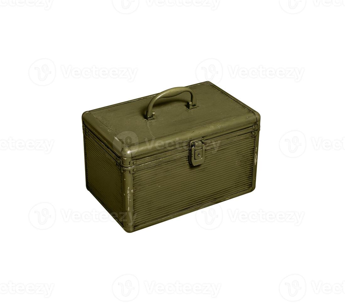 Old metal military box isolate on a white background. Green rusty drawer with handle and lock. photo