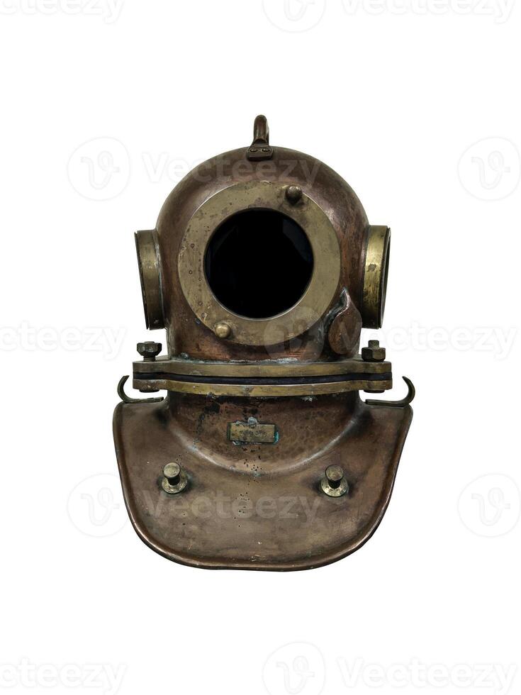 Vintage brass diving helmet. Part of a diving suit. Isolate on a white back. photo