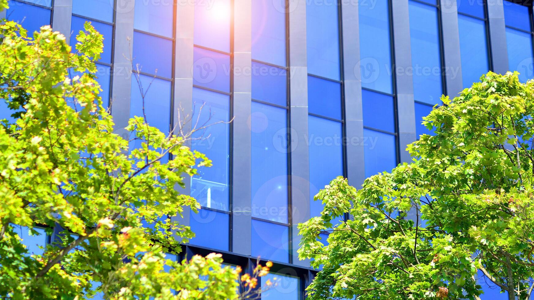 City life, urban landscape and ecology. Modern office complex with glass facades and smooth lines against backdrop of green trees, concept of modern architecture. Organically building into nature. photo