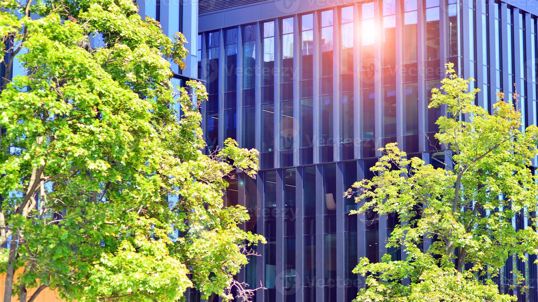 City life, urban landscape and ecology. Modern office complex with glass facades and smooth lines against backdrop of green trees, concept of modern architecture. Organically building into nature. photo