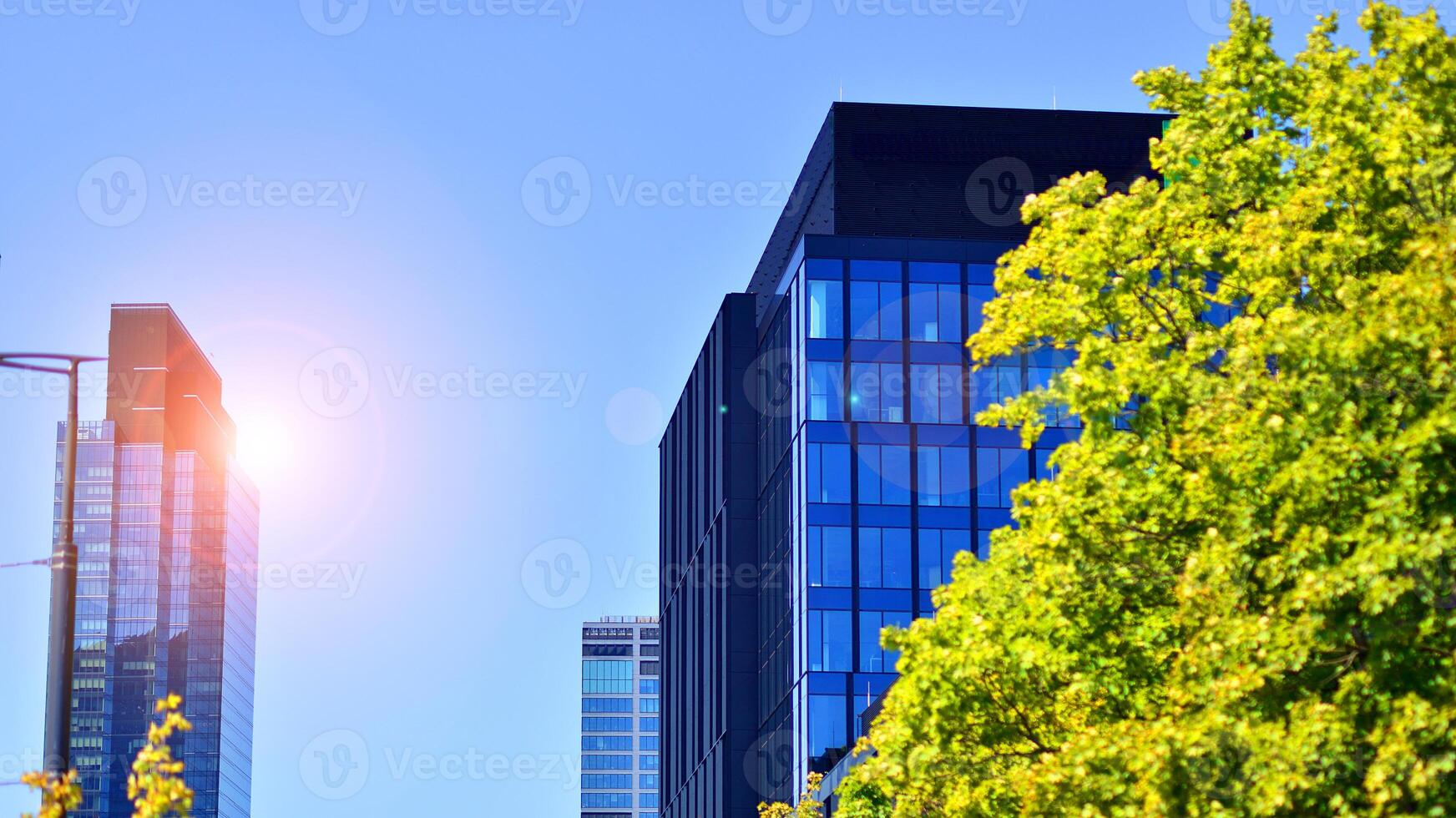 City life, urban landscape and ecology. Modern office complex with glass facades and smooth lines against backdrop of green trees, concept of modern architecture. Organically building into nature. photo