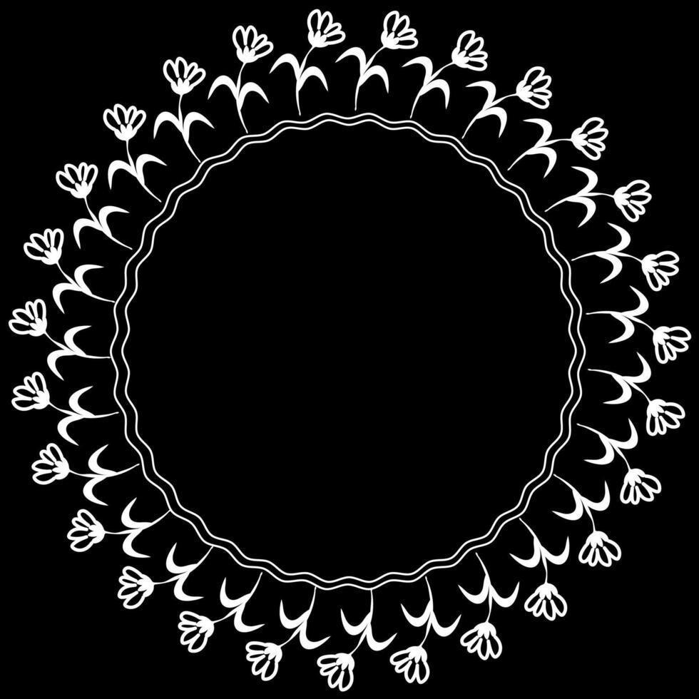 Round white frame with a floral pattern on a black background in doodle style vector