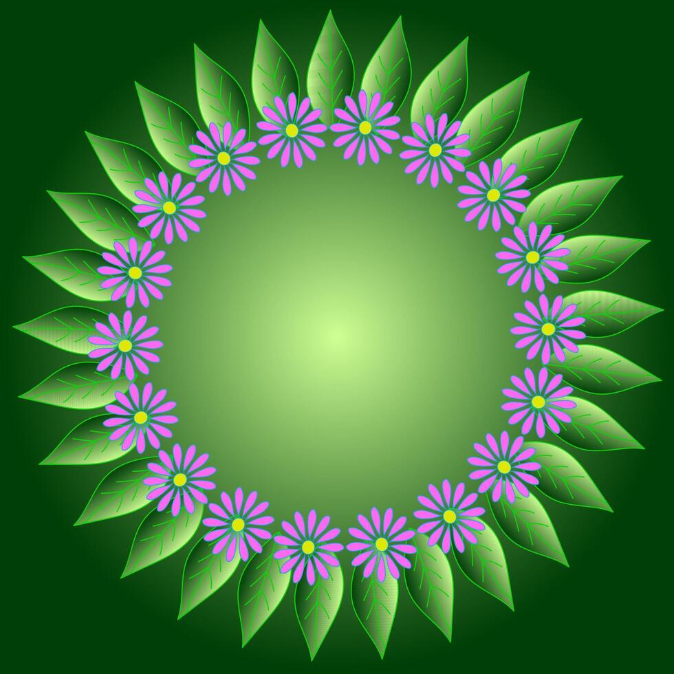 Round frame of leaves and flowers on a green background vector