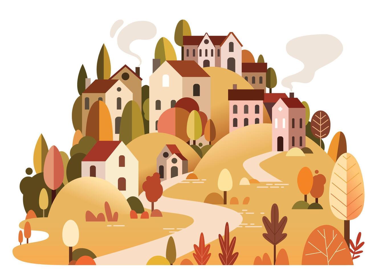 Postcard landscape illustration - small mediterranean town with hills and trees. Autumn season in town - golden trees and bushes. Flat design panorama vector